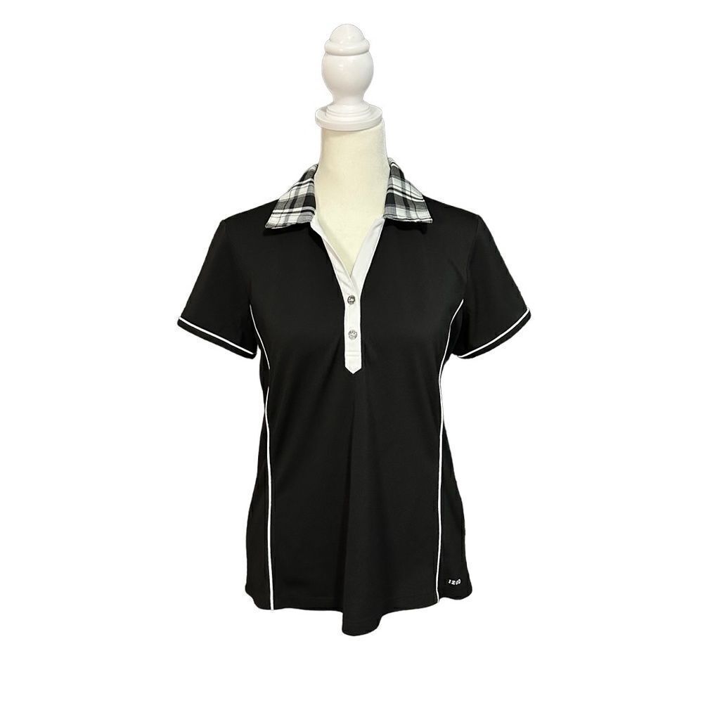 IZOD Golf Black & White Plaid Collar Short Sleeve Fitted Active Top Size Medium